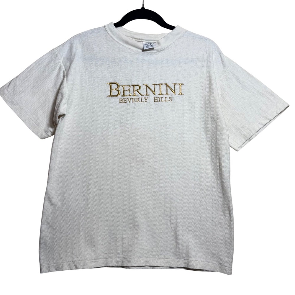 Vintage Bernini Beverly Hills Cal Cru T-Shirt White Herringbone Embroidered M